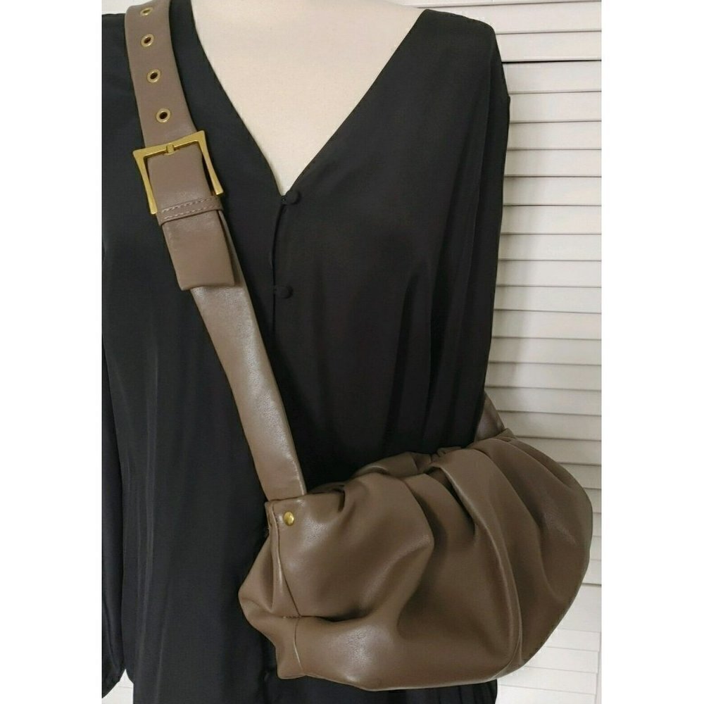 MW Most Wanted Faux Leather Shoulder Bag Taupe Ruched with Buckle Strap - Picture 3 of 6